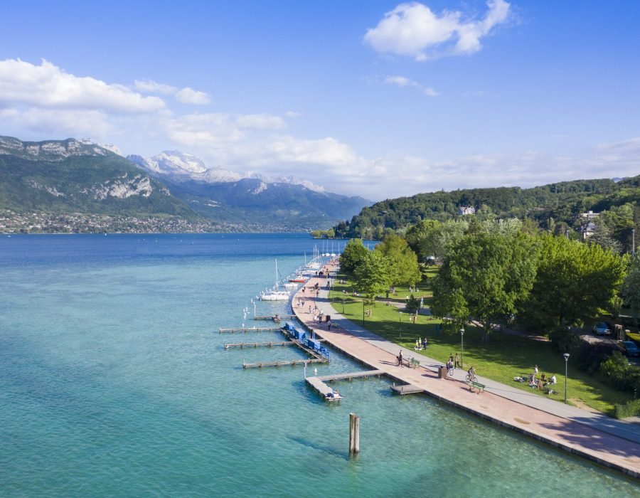 Aerial view of Annecy lake waterfront in France