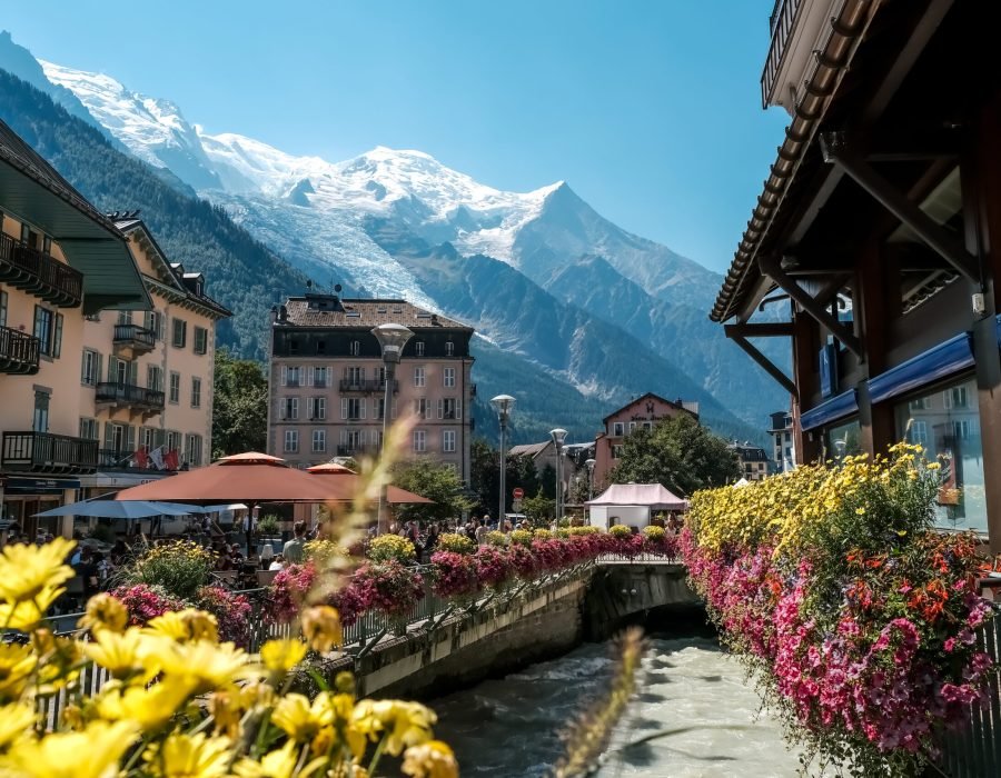 Chamonix, France - August 22, 2022: Views of the snowy mountains from the center of Chamonix.