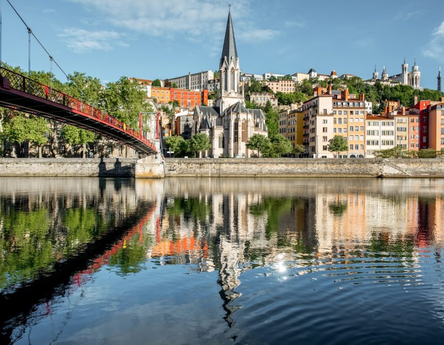 Morning view on the riverside with saint George cathedral and footbridge in the old town of Lyon city